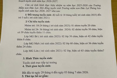 Thông báo tuyển sinh năm học 2026-2027
